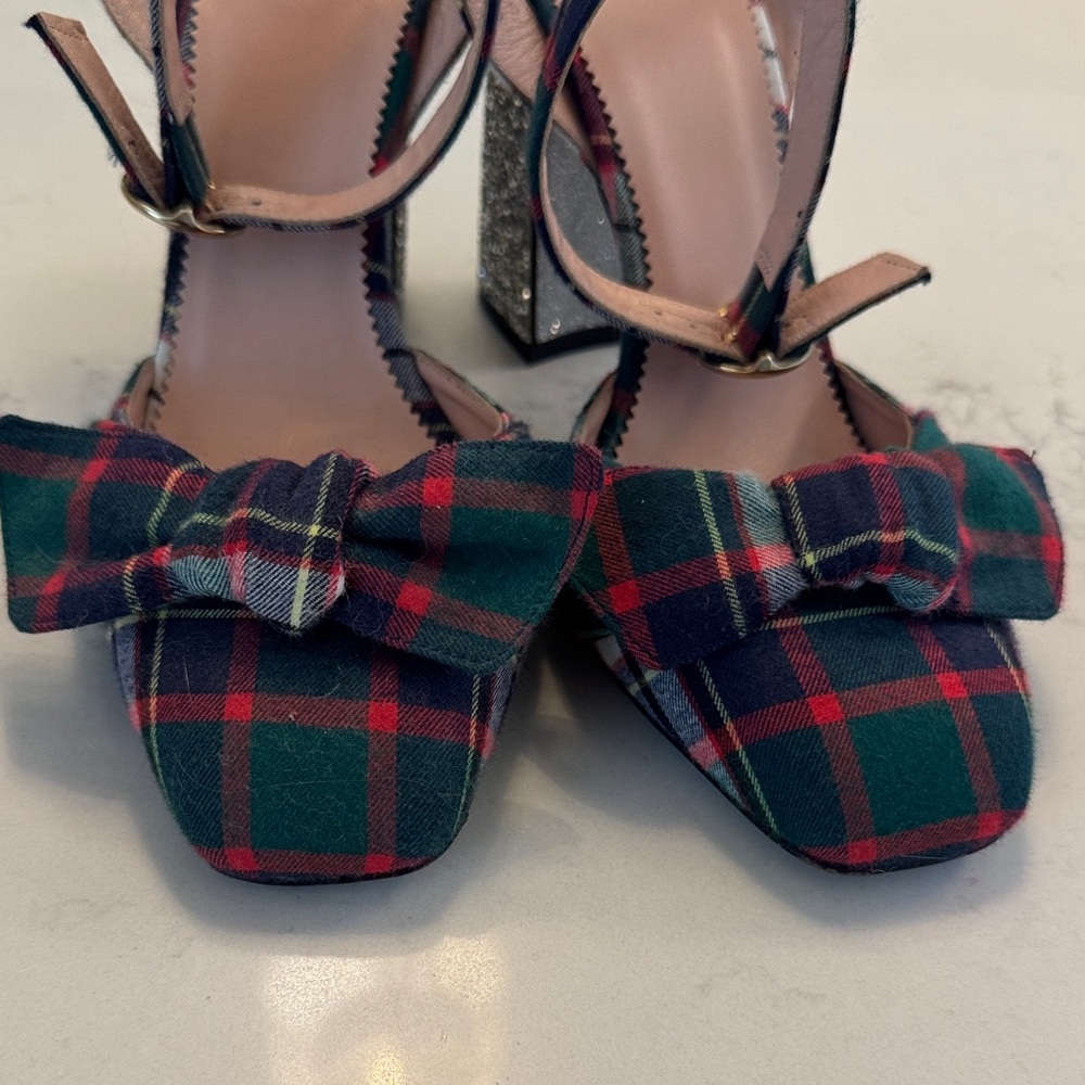 J. Crew Plaid Bow Heels, silver Glitter heel, size 8, 4”heel - Picture 5 of 10